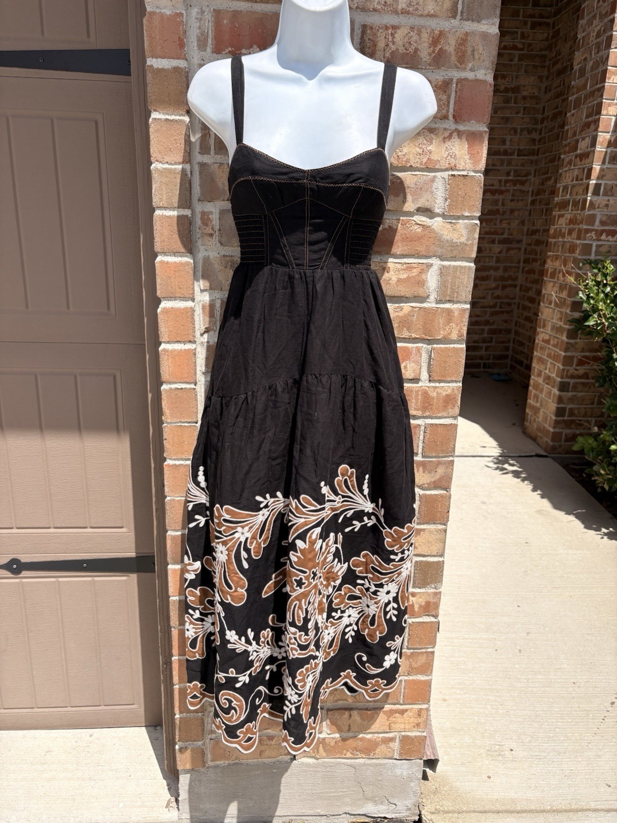 Anthropologie Black Appliqué Midi Maxi Dress with Tan Floral Embroidery size XXS