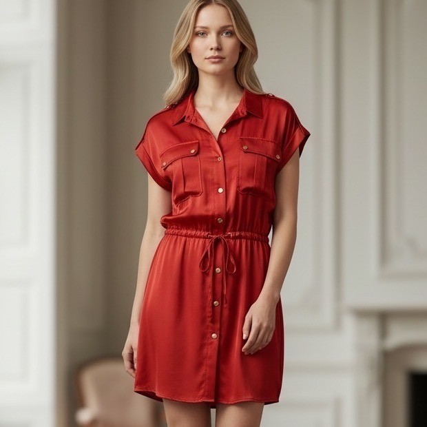 Ramy Brook NEW Vlada Satin Cargo Mini Grenadine Utility Dress Drawstring Waist L