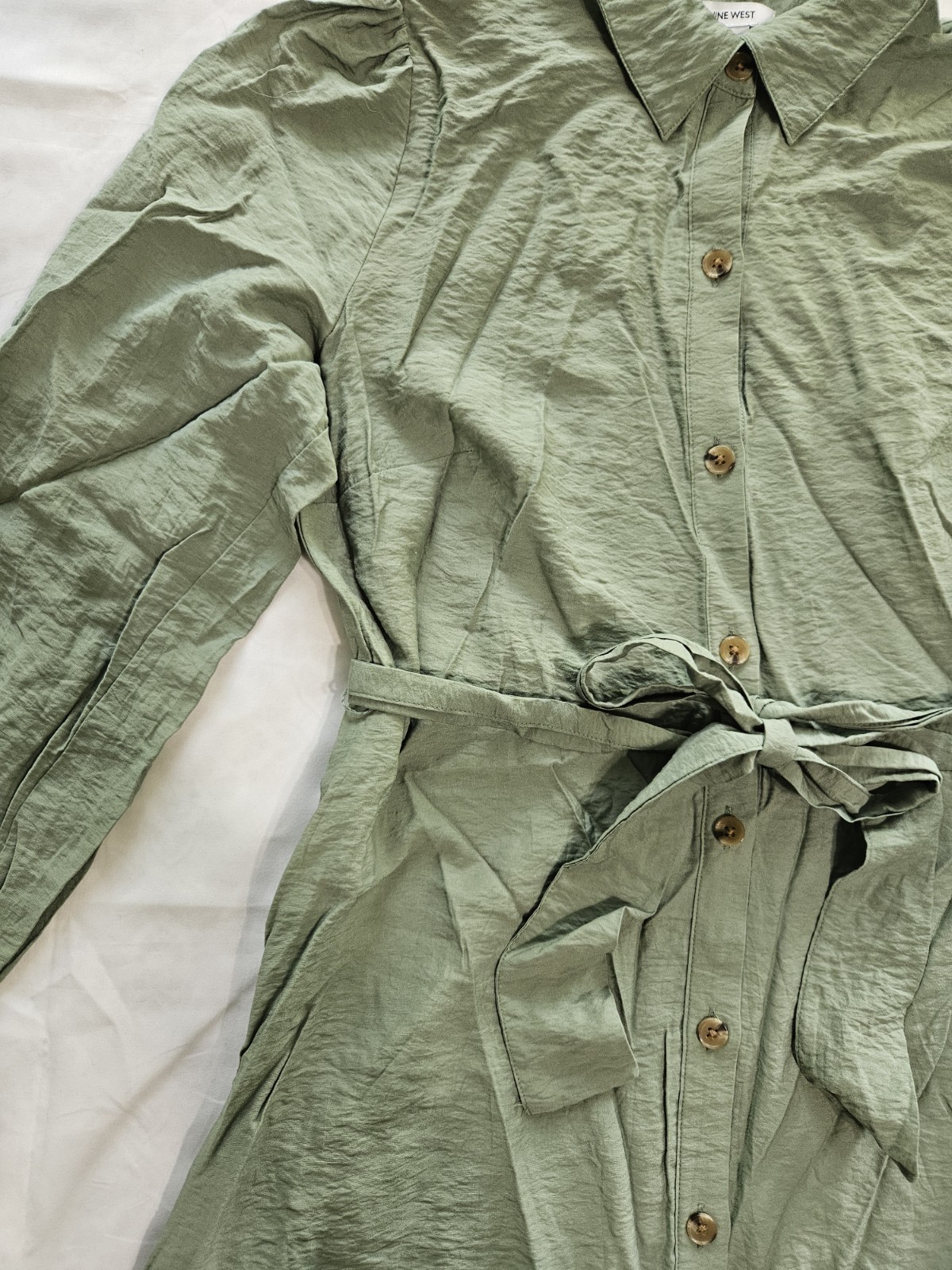 Nine West Womens M Sage Green Button Down Shirt Dress Midi Tie Waist Long Sleeve