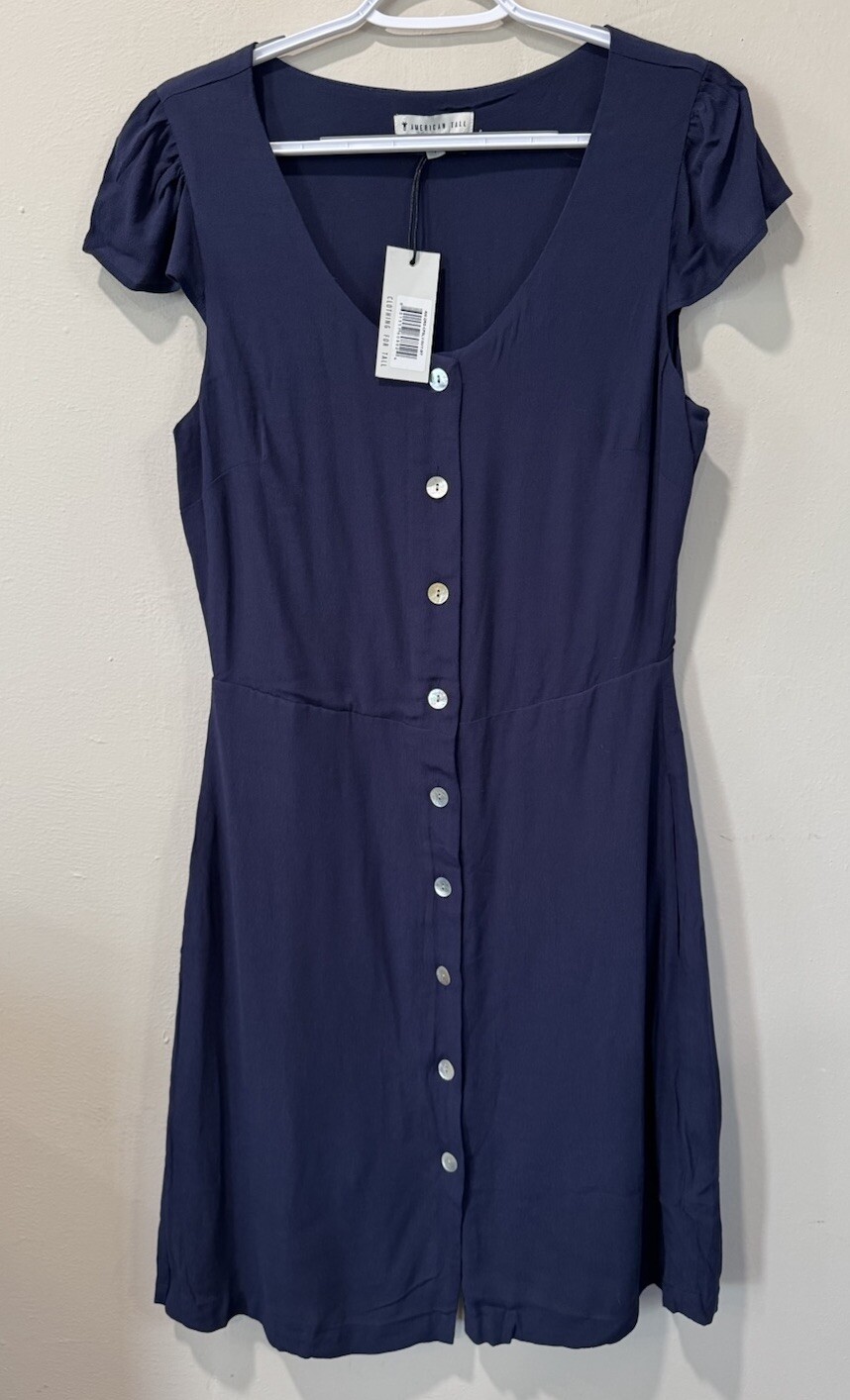 AMERICAN TALL Blue Mini Button Down Dress Classic Cap Sleeve Sz Medium NWT