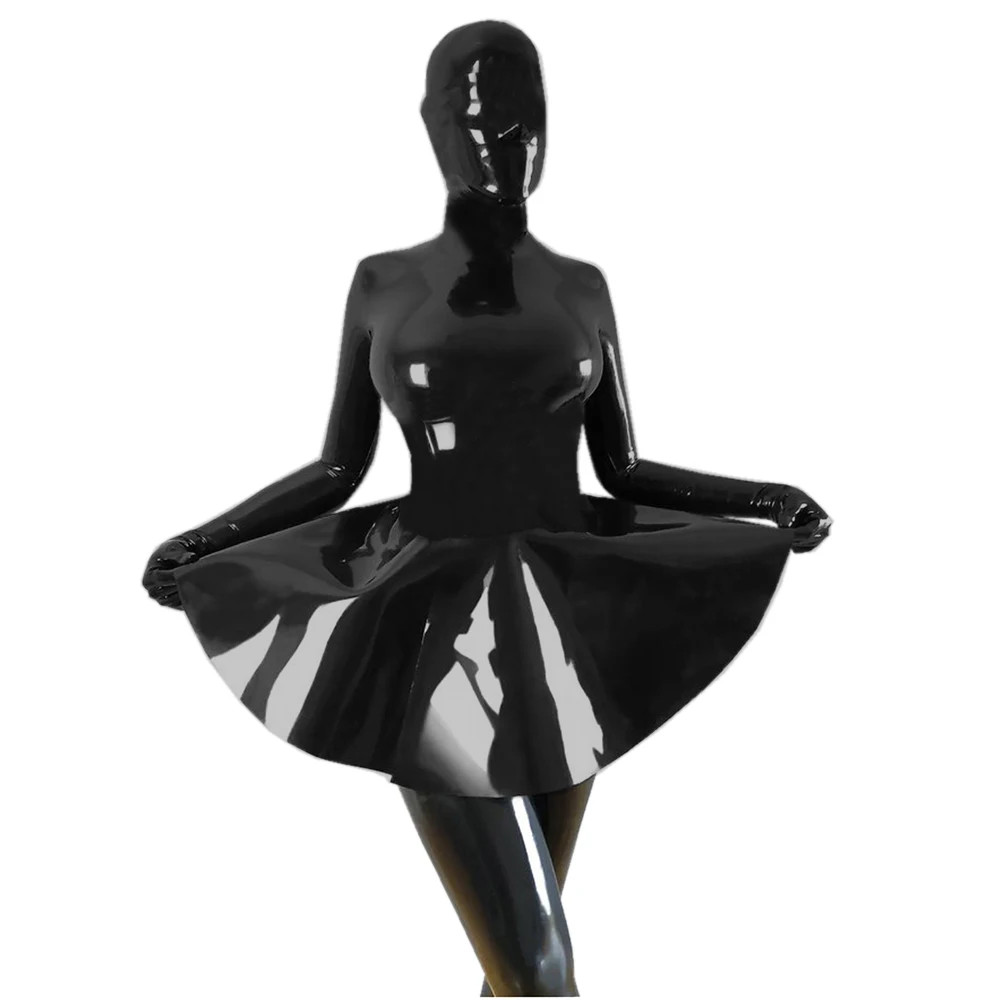 Women’s Sexy Long Sleeve A-line Dress Wet Look PVC Leather Hood Mask Mini Dress
