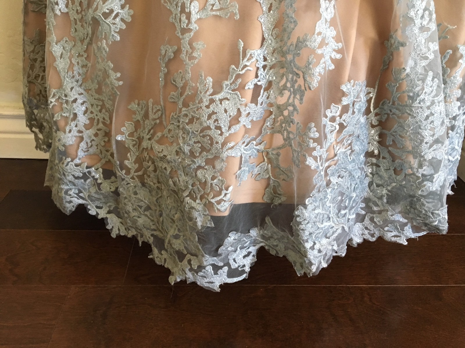 TERANI COUTURE Blue Nude Beaded Lace Long Sleeve Mermaid Gown 16 = XL 1711GL3530