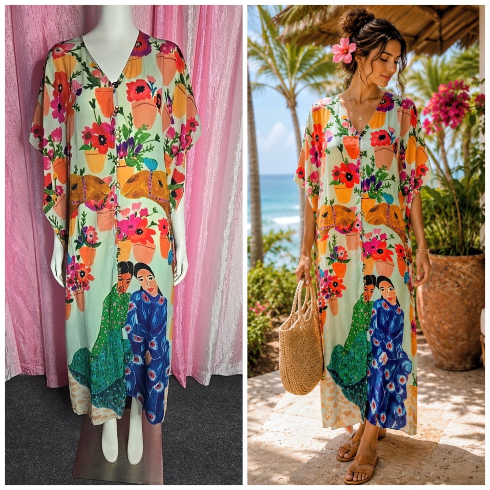Carolina K Riley Kaftan Camels Silk Floral Resort Dress Size Small RARE