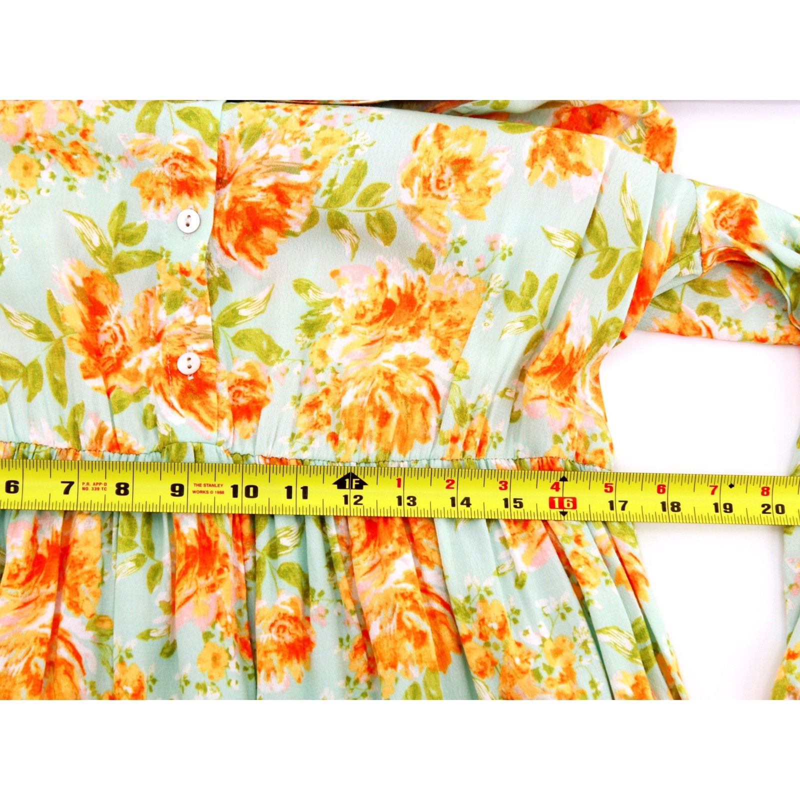Roolee Floral Tiered Maxi Dress Large Green Orange Long Sleeve smocked cuffs
