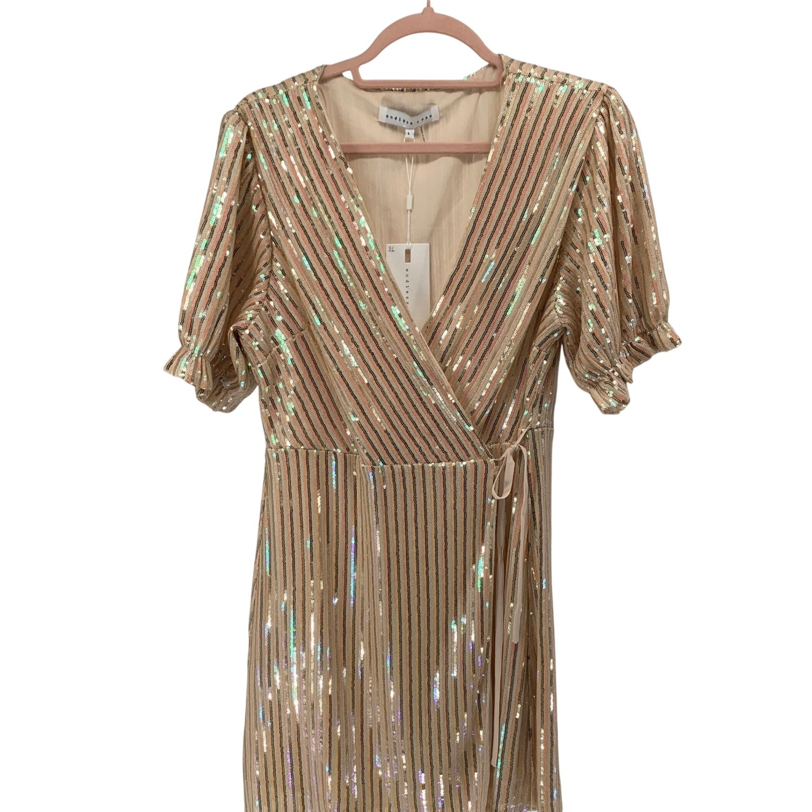 Endless Rose Sequin Striped Wrap Dress Gold Iridescent V-Neck Puff Sleeve Large