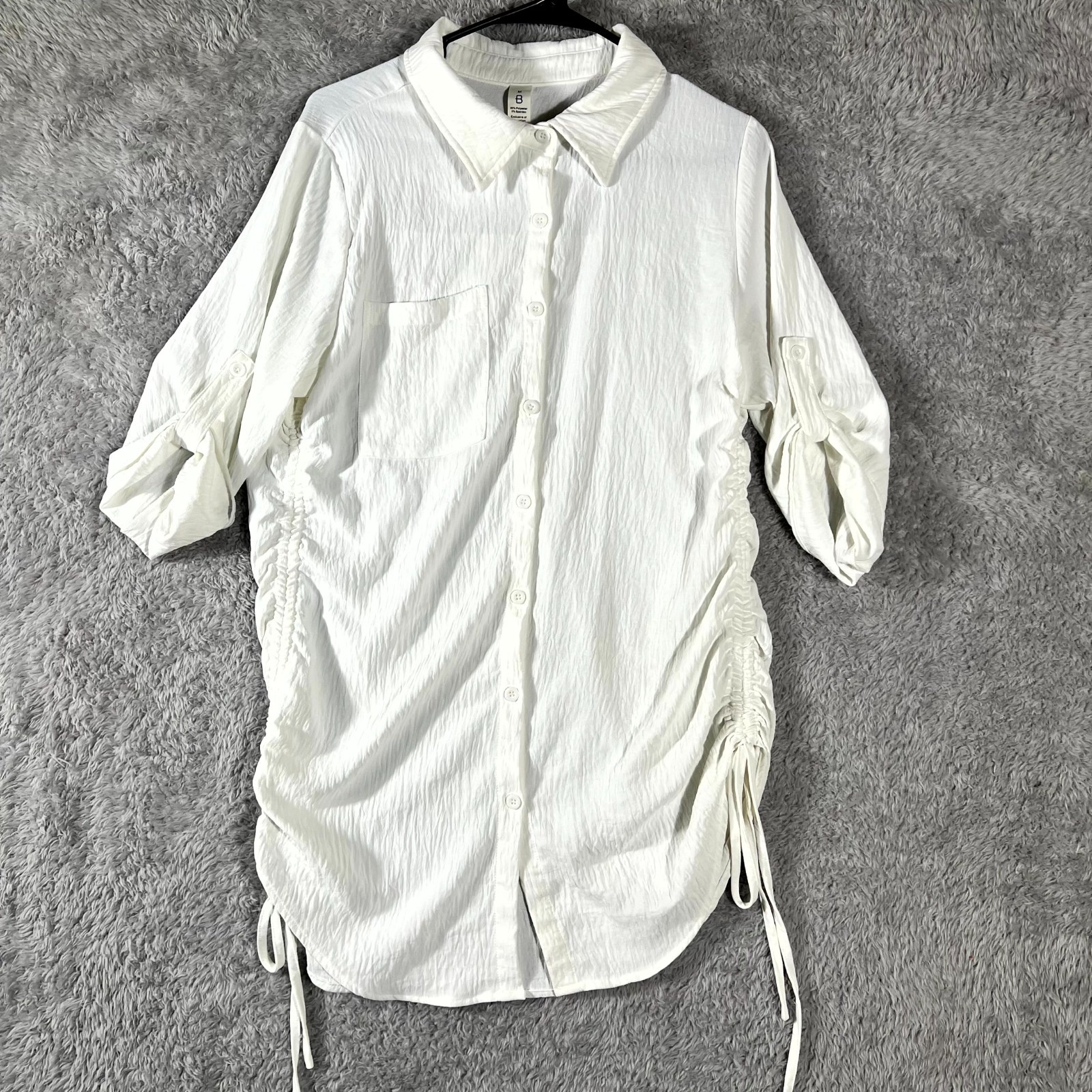 Bar III Shirt Dress Women Medium White Cinched Side Roll Tab Sleeve Button Front