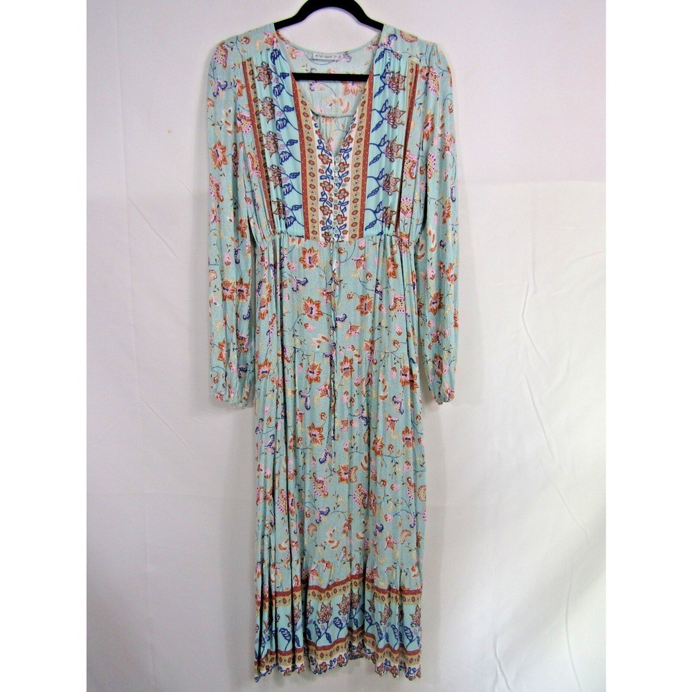 VTG R Vivimos Floral Cotton Rayon Dress sz M Boho Tiered Adjustable Waist Cottag