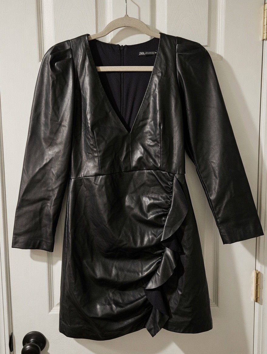 ZARA FAUX LEATHER DRESS WITH RUFFLES WOMAN COCKTAIL Black Xs