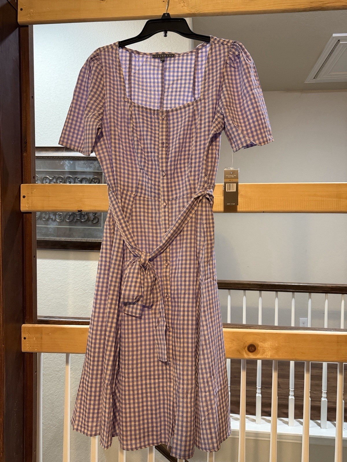 Sharagano Lilac Pink Gingham Midi Dress 12 Square Neck Puff Sleeve Pockets
