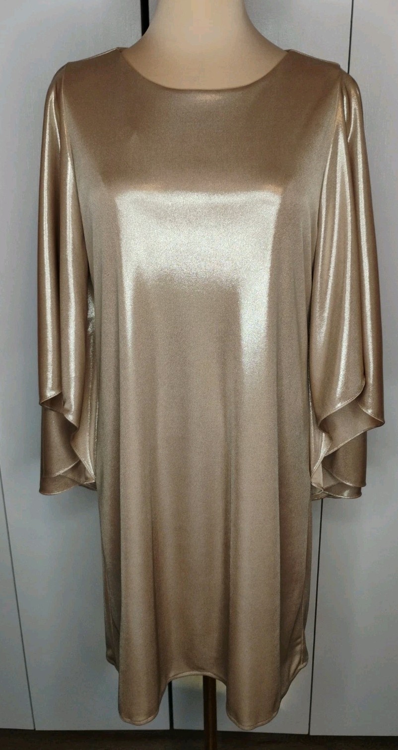 Halston Heritage gold metallic Shift dress Cape Style Sleeve Sz 4