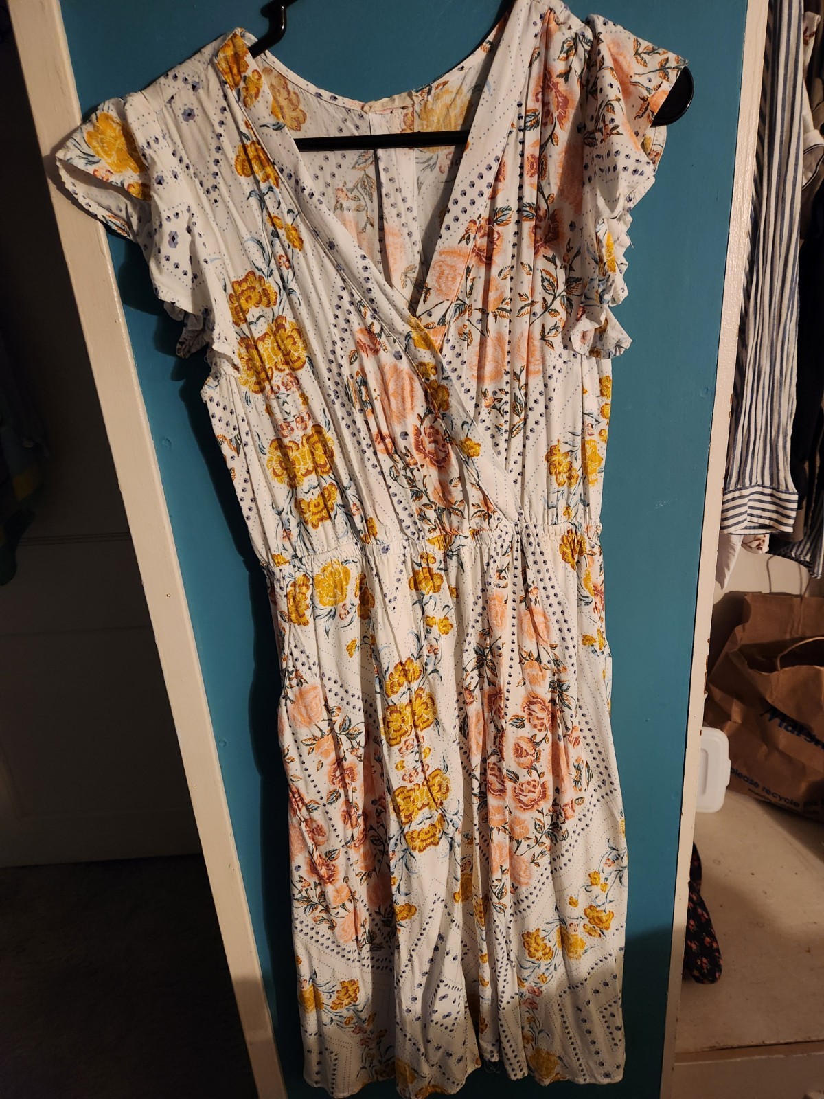 Tori White Floral Print Spring Dress Deep V Cross Over Front And Ruffled Sleeves