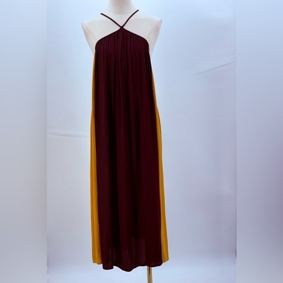 Banana Republic Coral Midi Elegant Colorblock Halter Flowy Sleeveless Dress