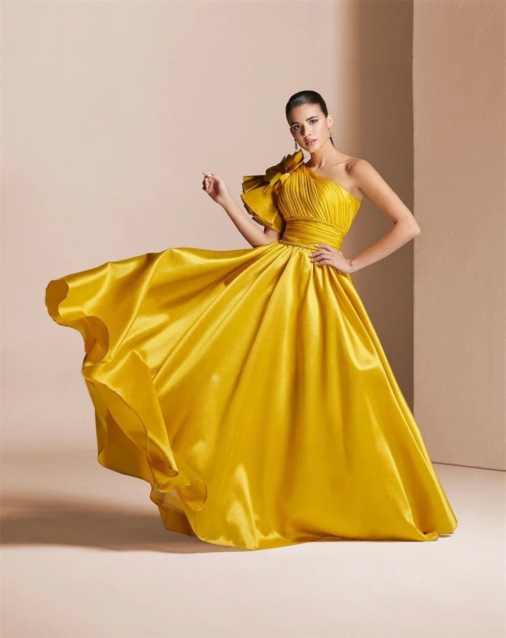 Pleat Draped Flower Ruched A-line One-shoulder Long Dresses Evening Dresses