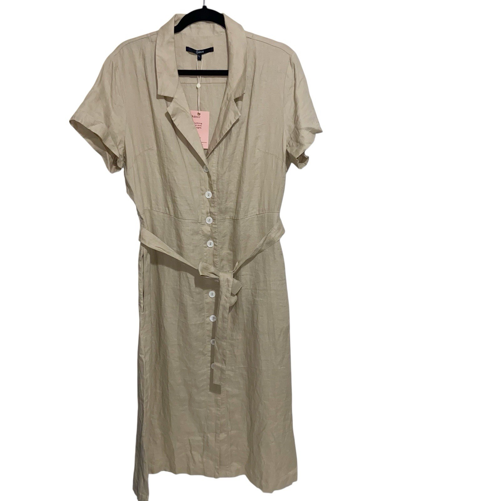 Quince Shirt Dress Womens Large Organic Linen Tan Button Belt Midi Pockets New