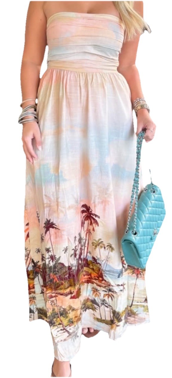 Petal And Pup Marcia Midi Dress Strapless, Pink Sunset Print Zip -Side Size 4