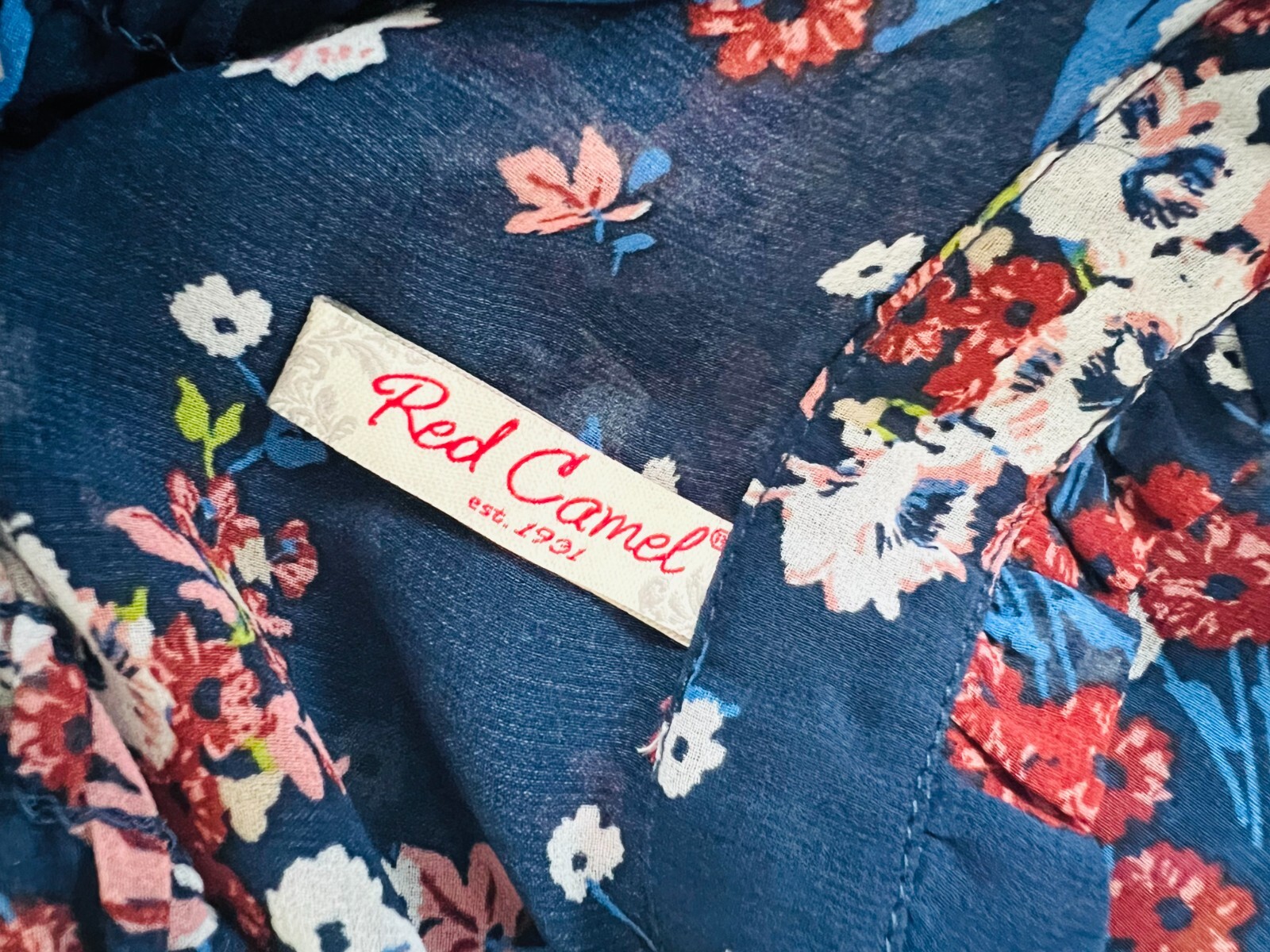 Red Camel Womens Top Large Multicolor Floral Pleated Button Loop Ruffle Trim