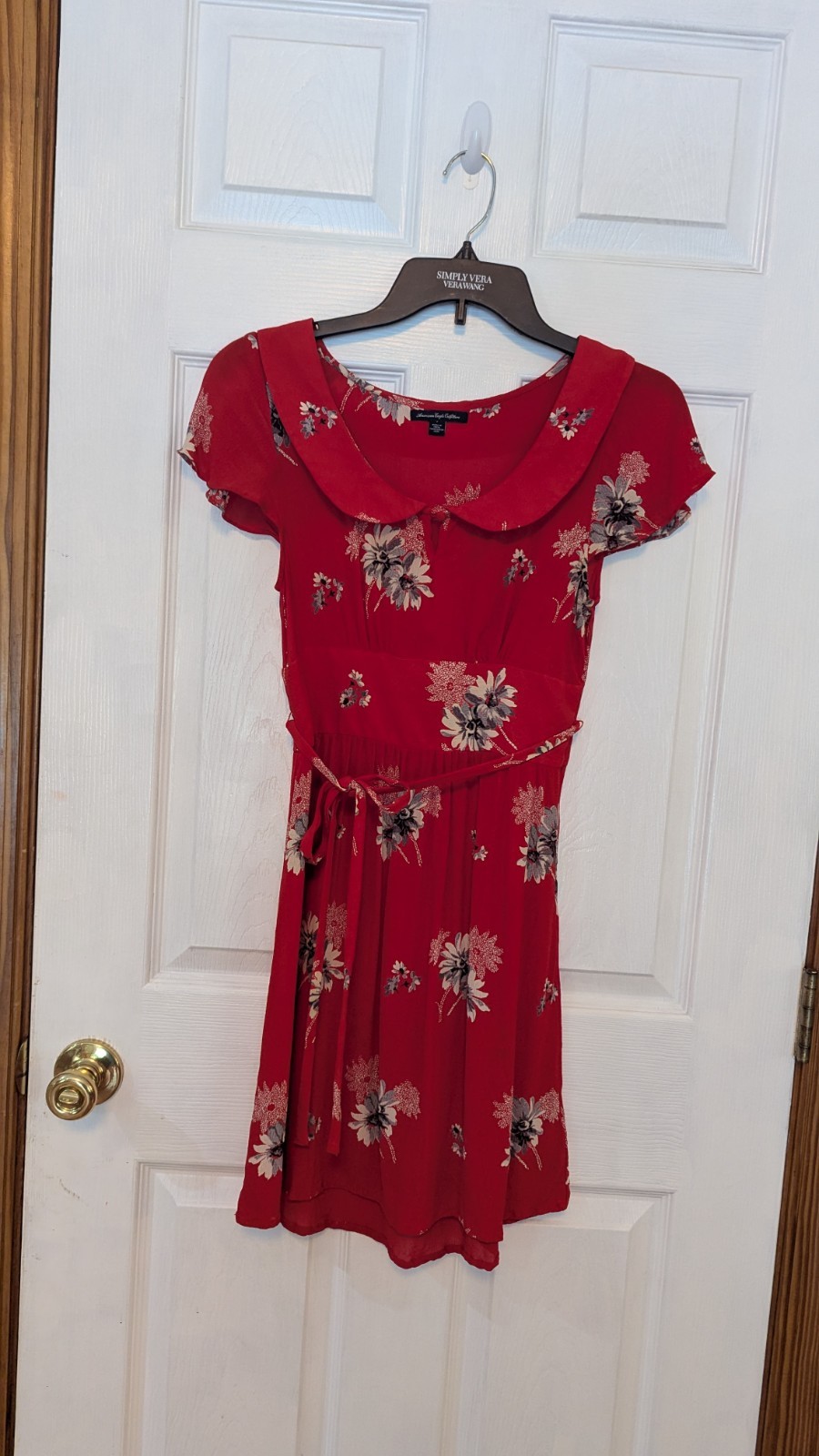 American Eagle Red Gray Floral Short Dress Collar Waist Band Tie Belt Side Zip 2