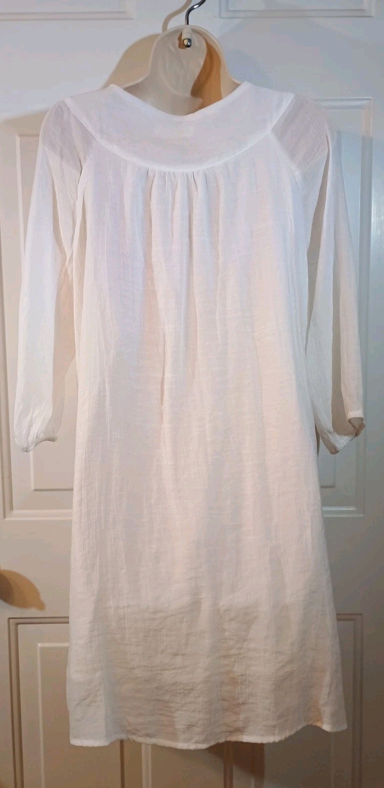 Indigo Rose 3/4 Sleeve Gauze & Lace Knee Length Beaded Tie White Swing Dress M