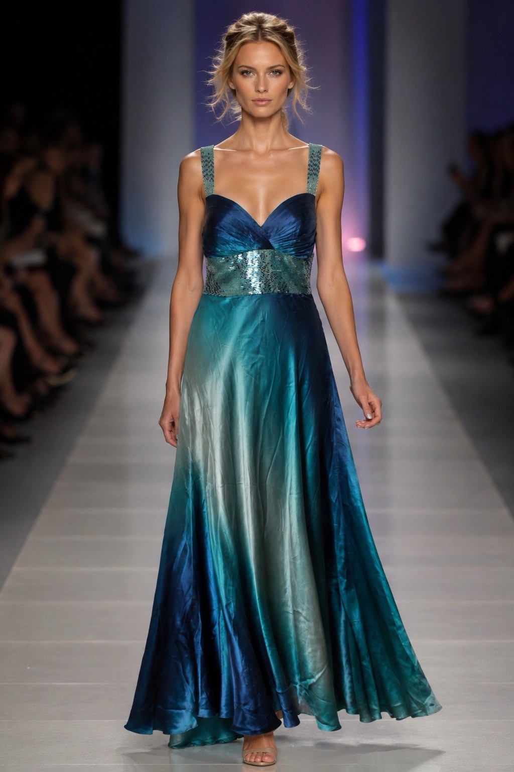 BG Haute Dress Blue Ombre Ball Gown Sequin Silk Criss Cross Back Prom Size 10