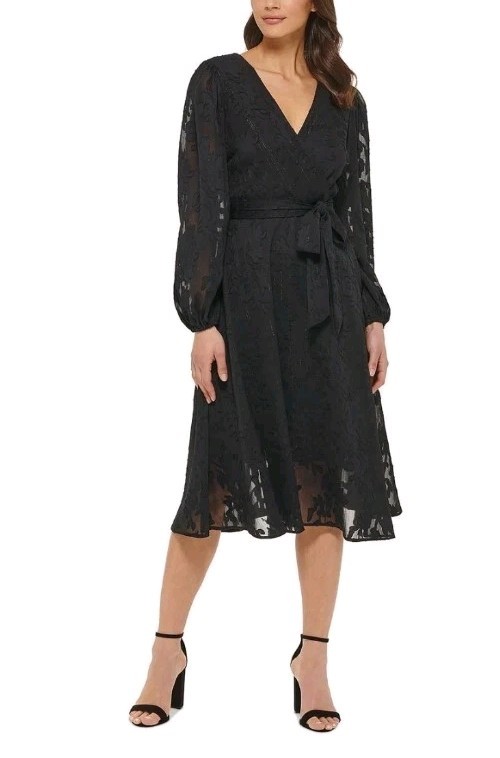 Kensie Dresses Womens Party Black Floral Chiffon Fit & Flare V Neck Midi Dress 8