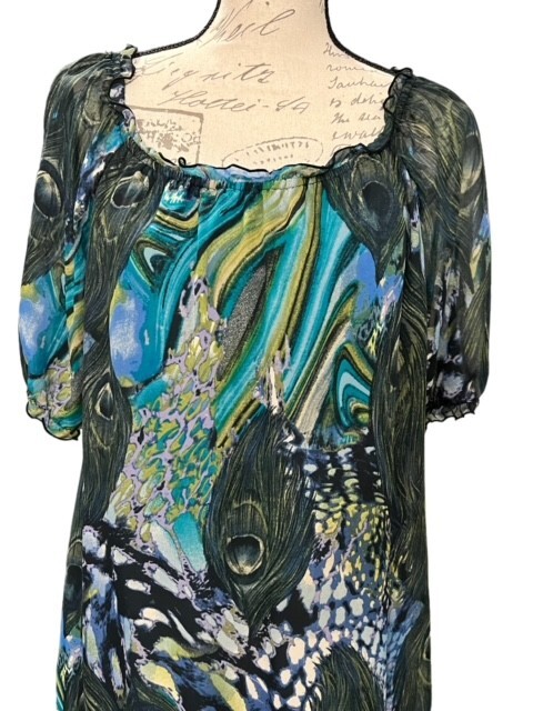 Belle Du Jour Mini Shift Dress M PEACOCK Feathers Ruffles BOHO Lined SUPER CUTE!
