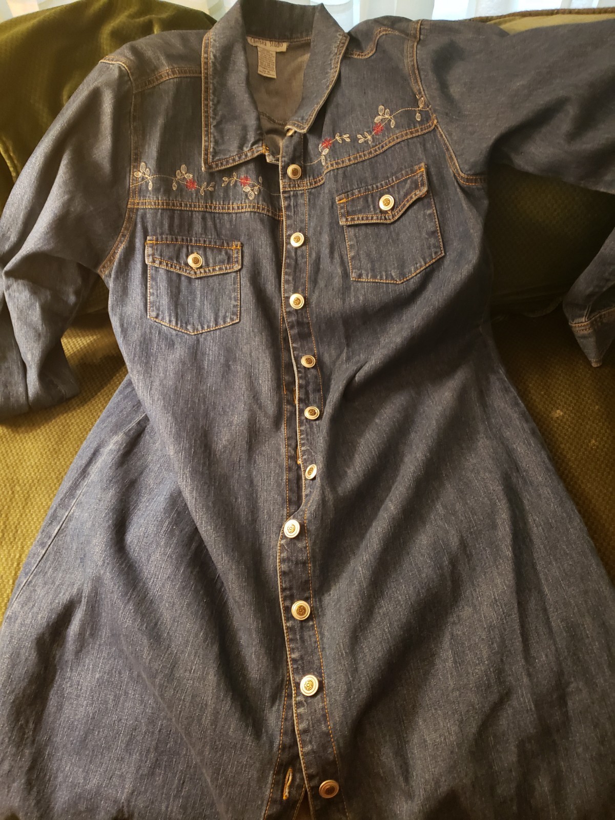 Chelsea Studio Blue Denim Coat Dress Embroidered Button Front Pockets XL