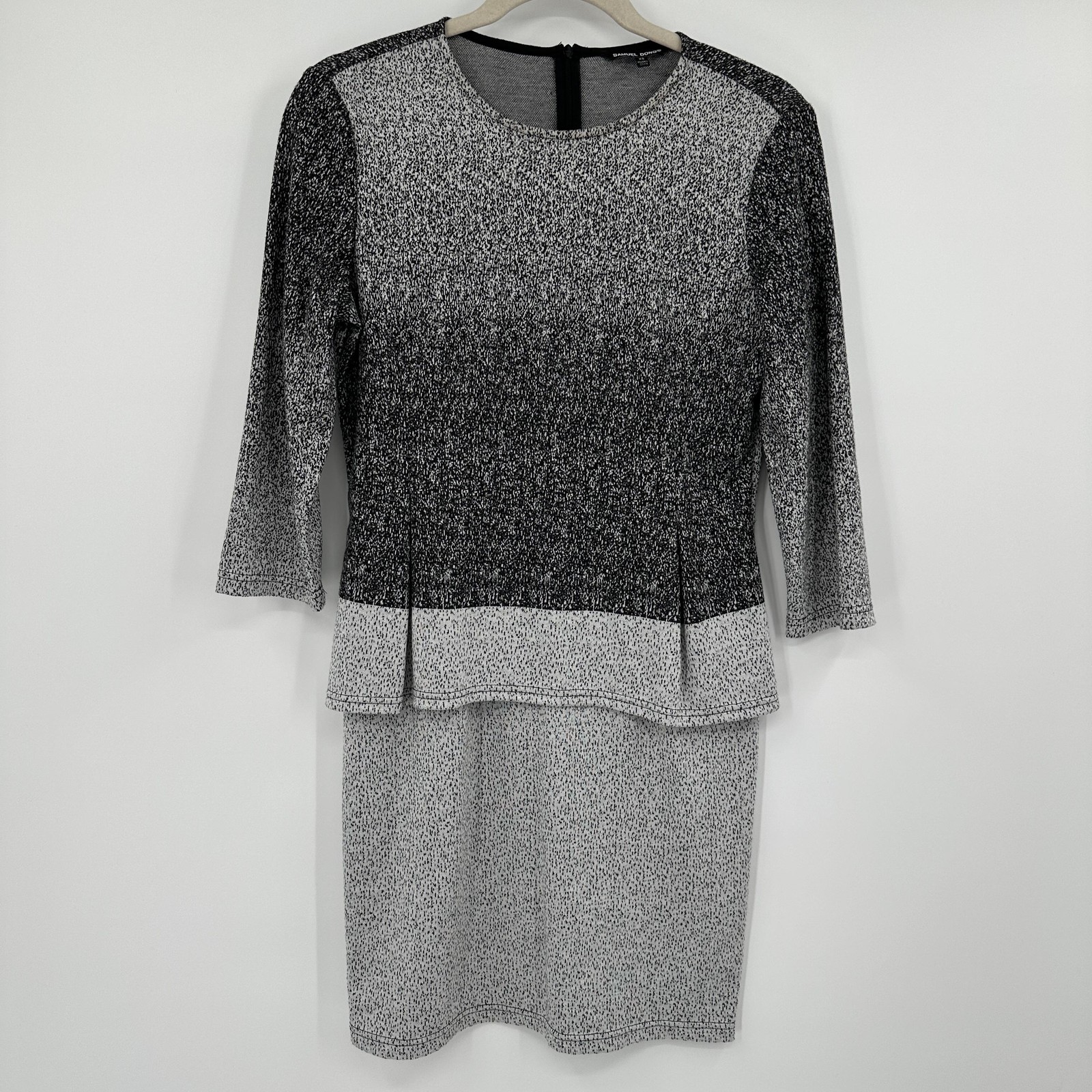 Samuel Dong Dress Womens XS Black White Ombre Peplum Sheath Knit 3/4 Sleeve
