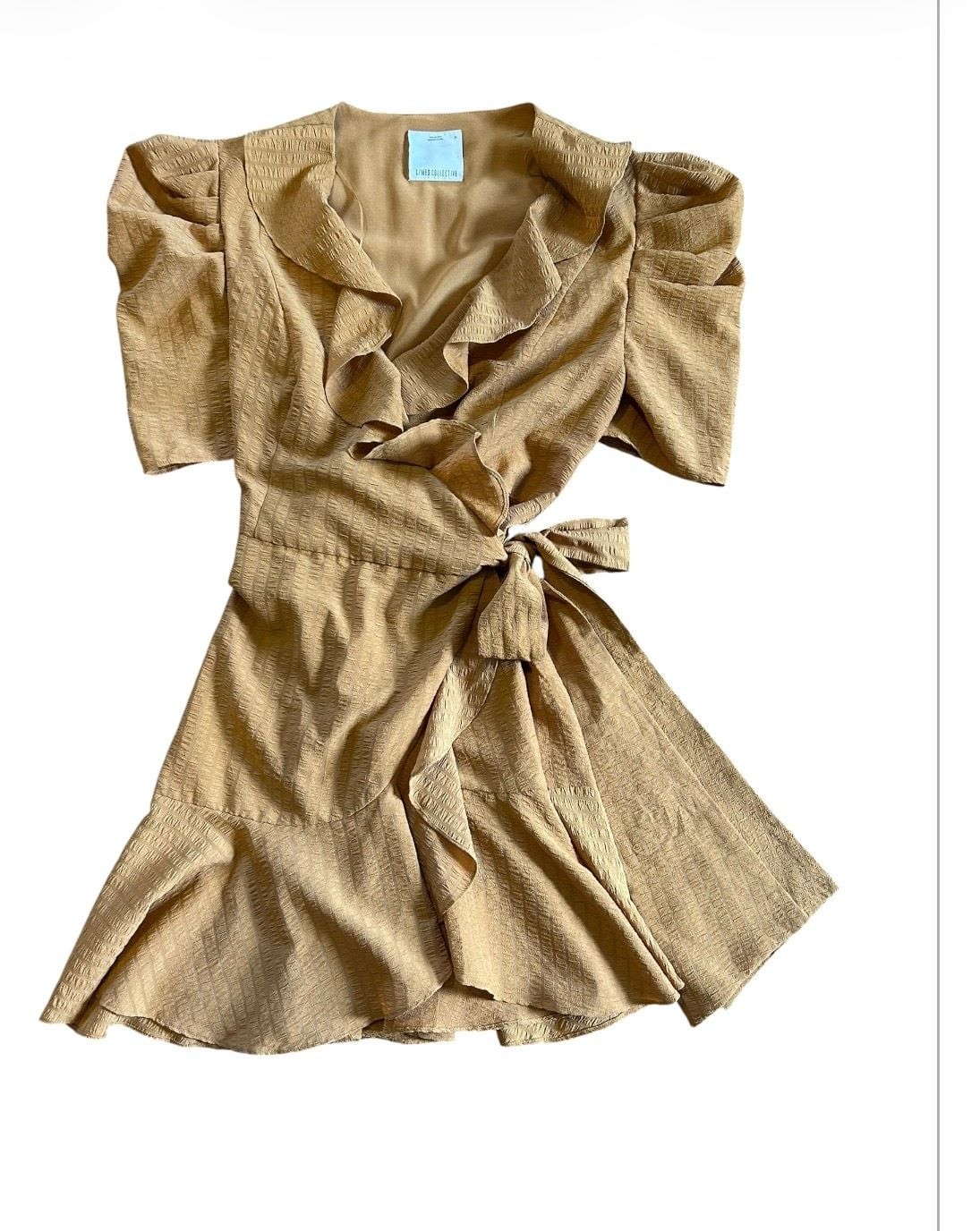 C/MEO Collective Tan Puff Sleeve Ruffle Wrap Mini Dress
