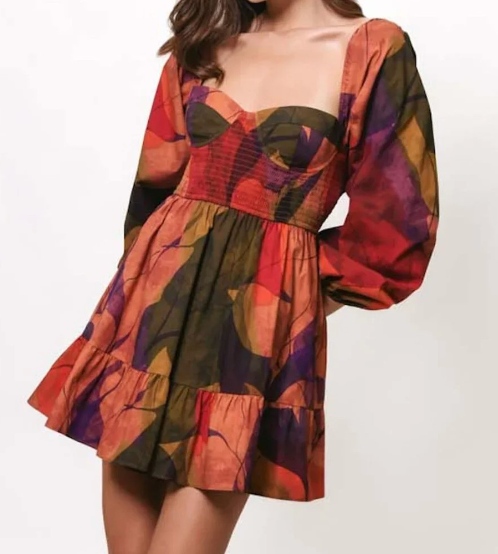 NWT Hutch Cisco Multicolor Floral Long Sleeve Smocked Cotton Mini Dress – sz M