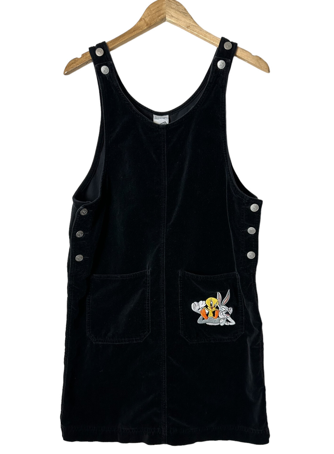 Vintage Y2K Looney Tunes Black Velvet Overall Dress Tweety Bugs Bunny Small