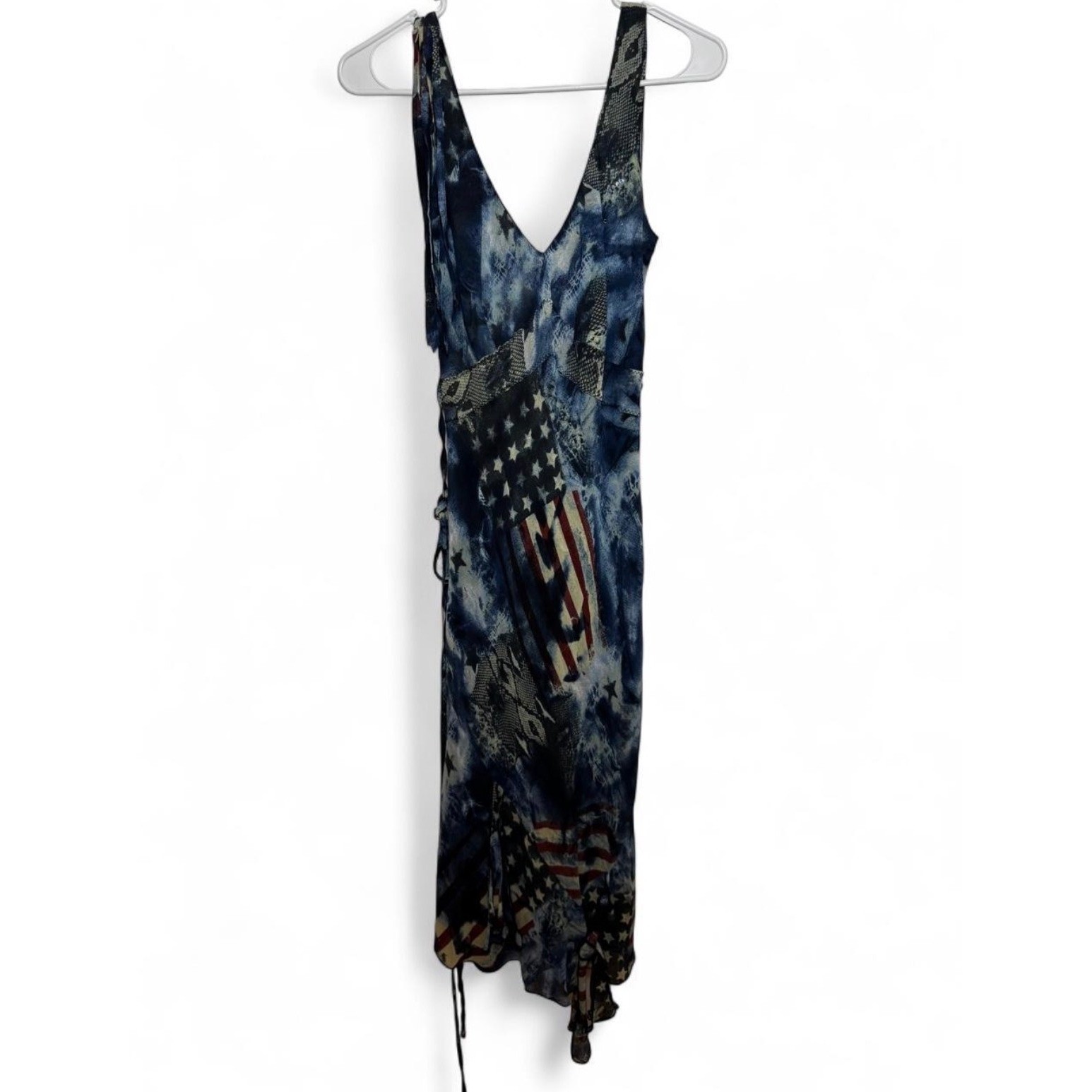 Sandro Womens American Flag Patchwork Snakeskin Print Fringe Midi Dress Blue