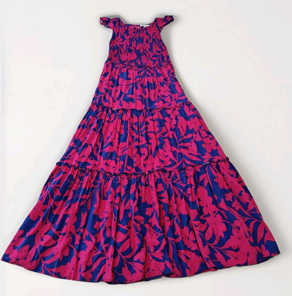 Anthro Abel The Label Floral Smocked Tiered Maxi Dress Women’s M Blue Fuchsia