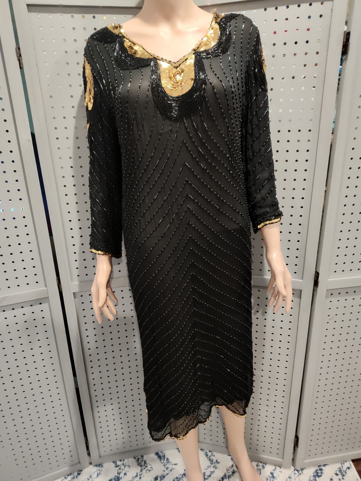 Creative Creations Women’s Sz M Beaded Formal Dress Black & Gold Sequins