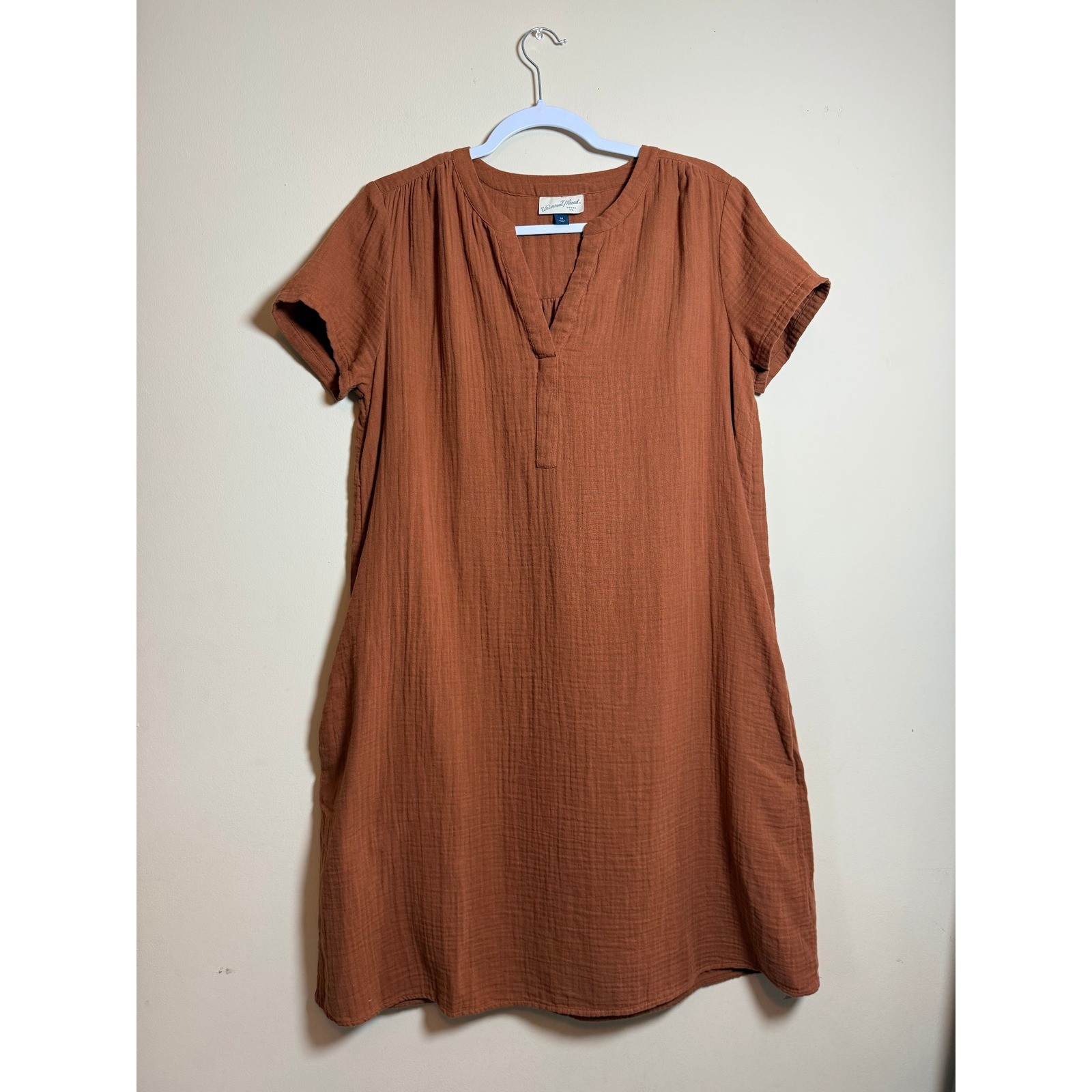 Universal Thread Rust Orange Gauze Cotton Shift Dress Womens Medium Boho Pockets