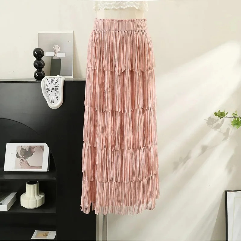 Multifunctional Slimming Tassel Cake Skirt Medium and Long Dress Elastic Waist D
