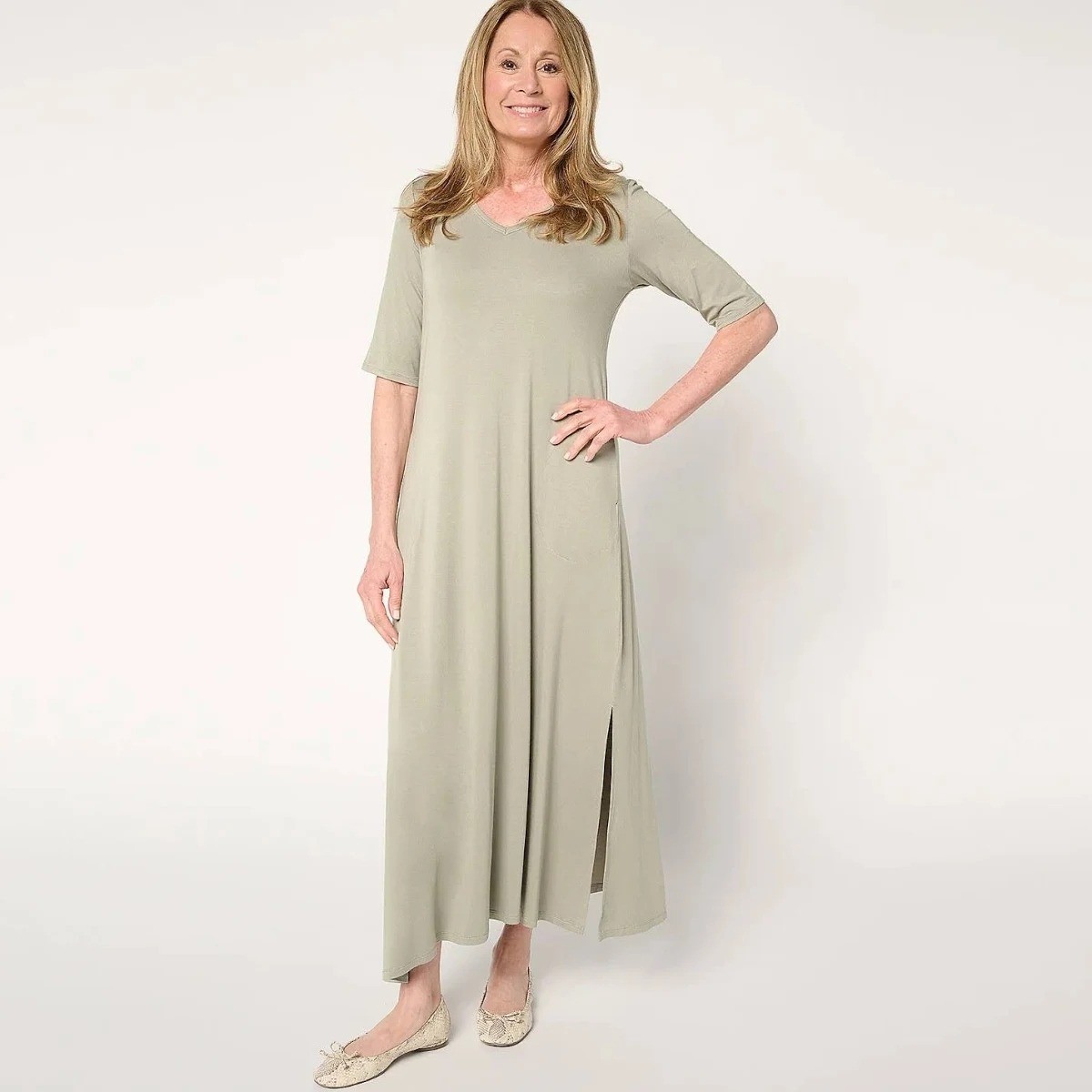Belle Kim Gravel Rayon Spandex Elbow Sleeve Maxi Dress Green Tea MD A683740 LN