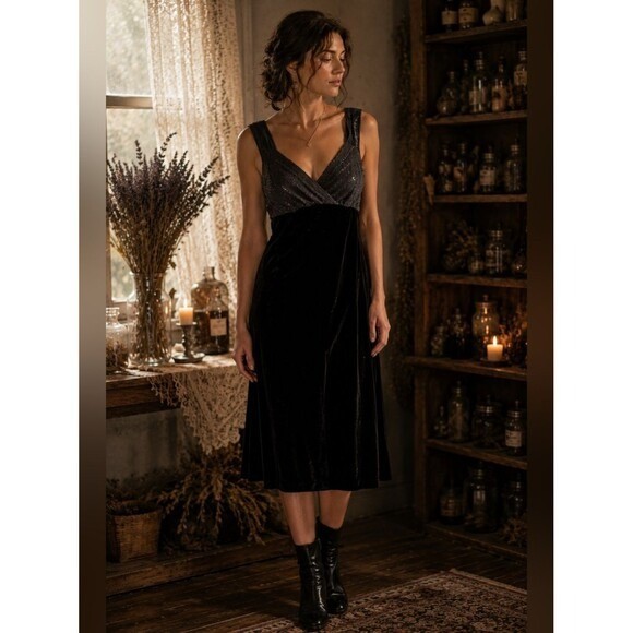 Bandolino Whimsigoth Black Velvet & Sequin Chiffon Midi Dress Practical Magic 14
