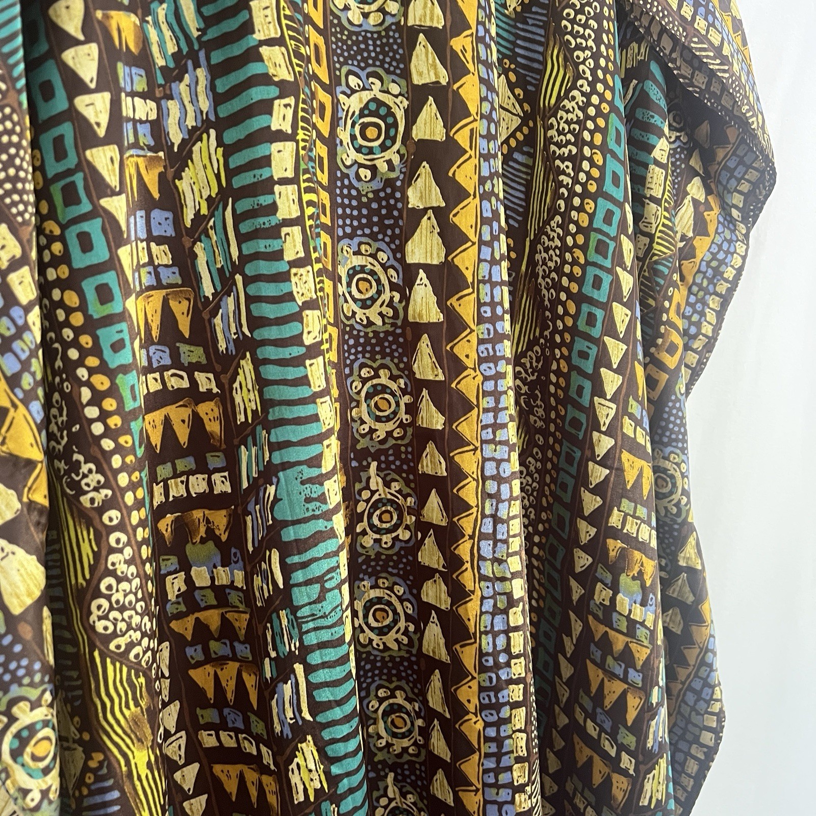 70s Caftan Vibrant Abstract Print Boho Resort Statement Maxi Dress M Turquoise