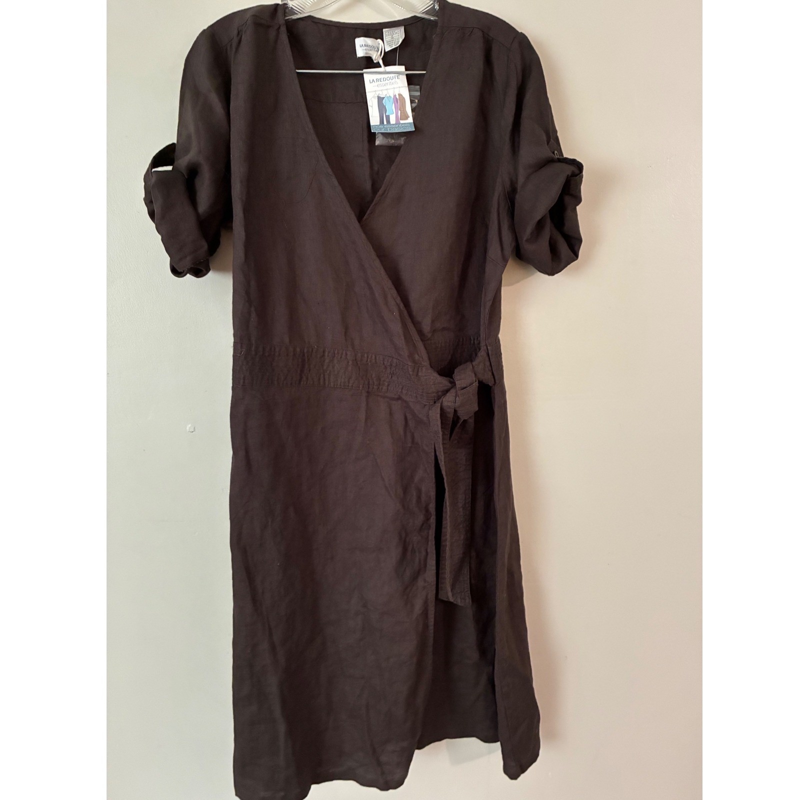 La Redoute Linen Wrap Dress Womens 12 Brown Roll Tab Sleeve V-Neck Midi NWT