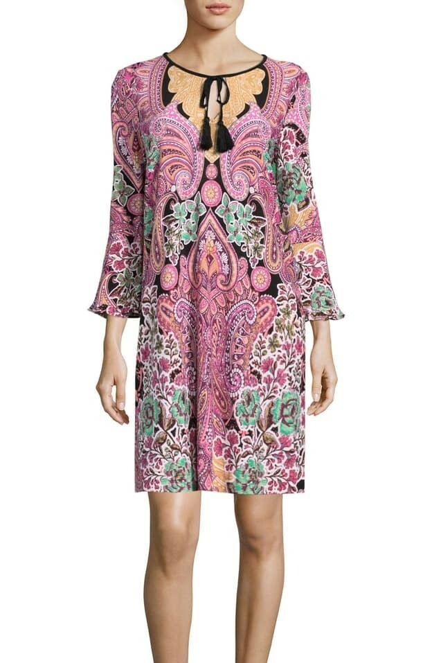 Eci 155996 Women’s Print Trapeze Dress 3/4 Sleeve Pink / Orange Size Medium