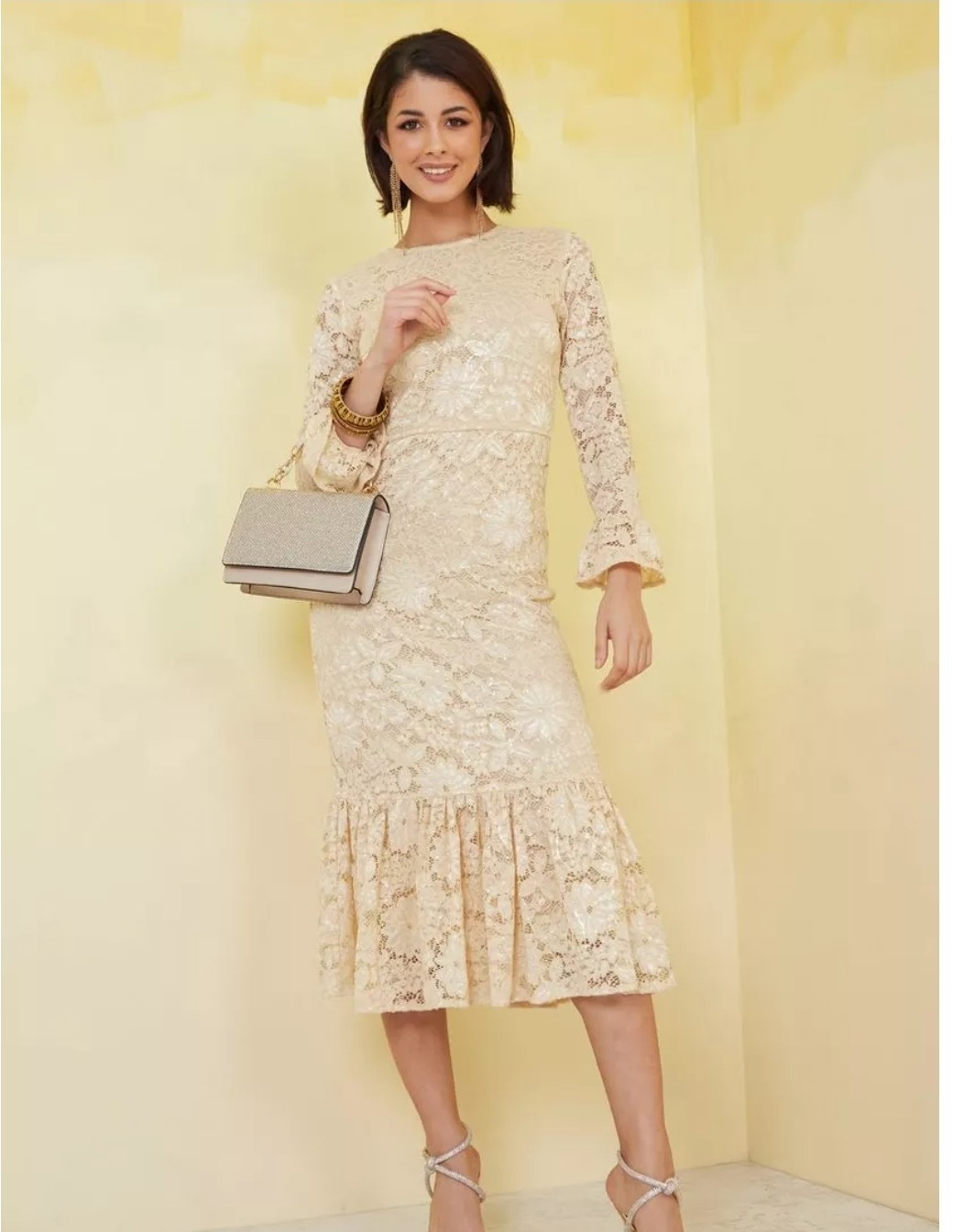 Women’s fall winter long sleeve floral lace mermaid maxi dress MC039 apricot SzM