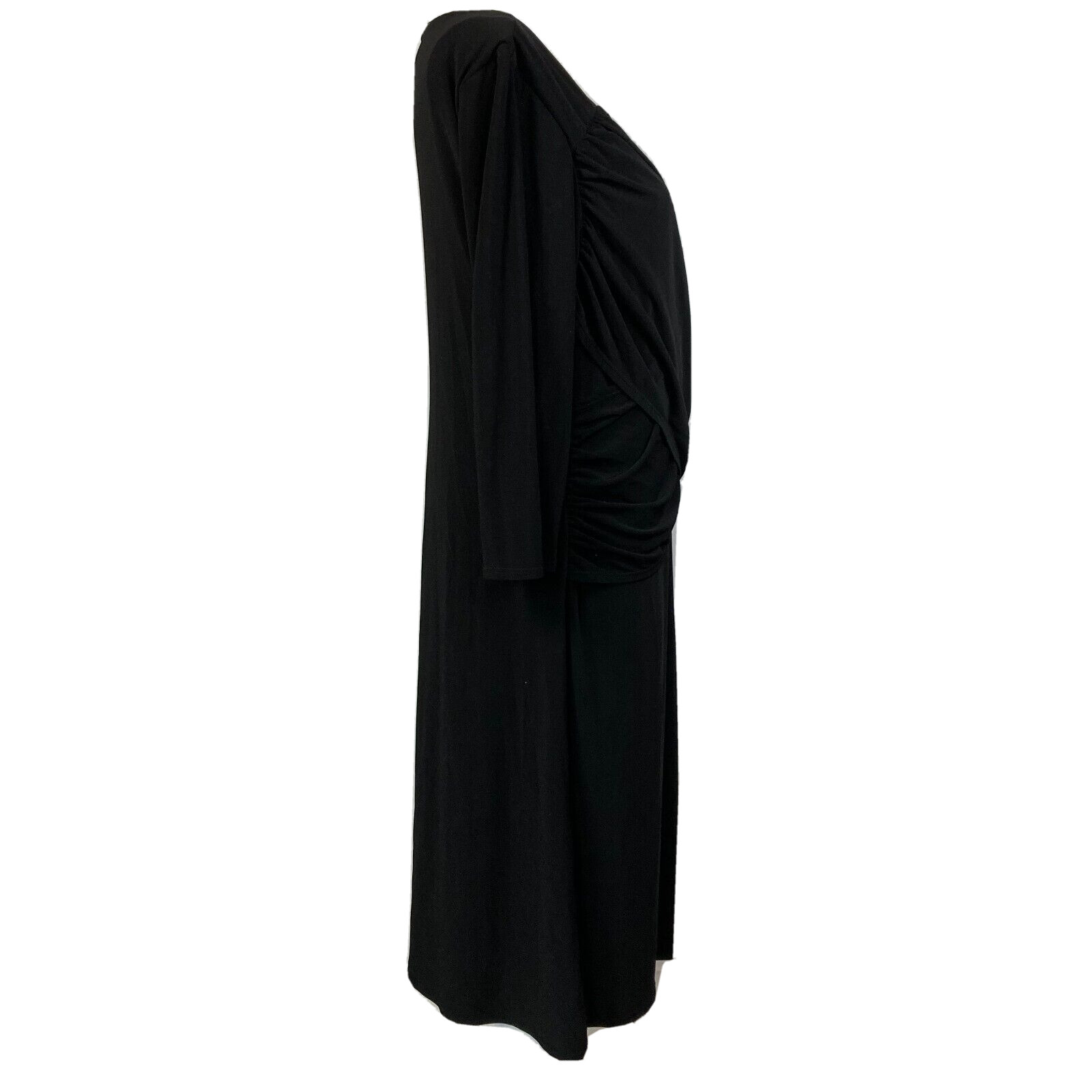 B-Slim Dress Womens Sz 1X Plus Black Jersey Knit 3/4 Sleeve Faux Wrap A Line