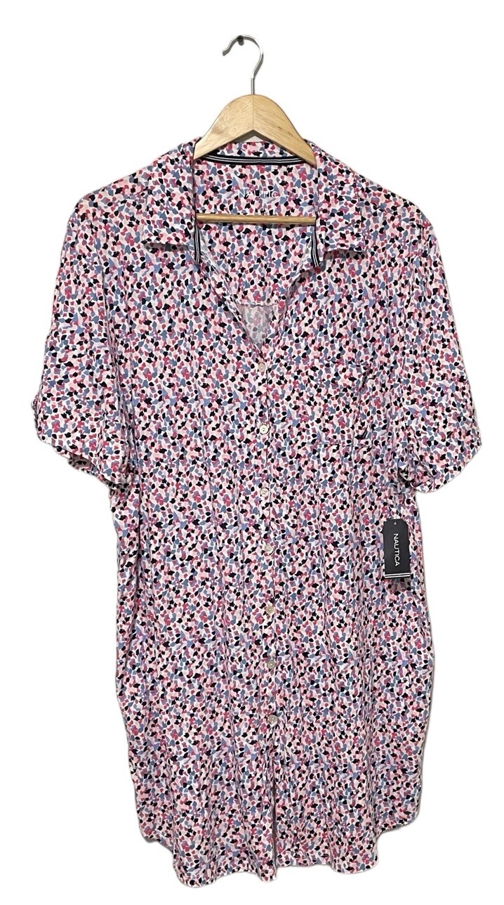 NEW Nautica Shirt Dress Womens 2X Pink Multicolor Geometric Cottagecore