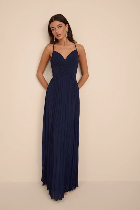 Lulus Corella Navy Blue Pleated Backless Maxi Dress NWT NEW MEDIUM