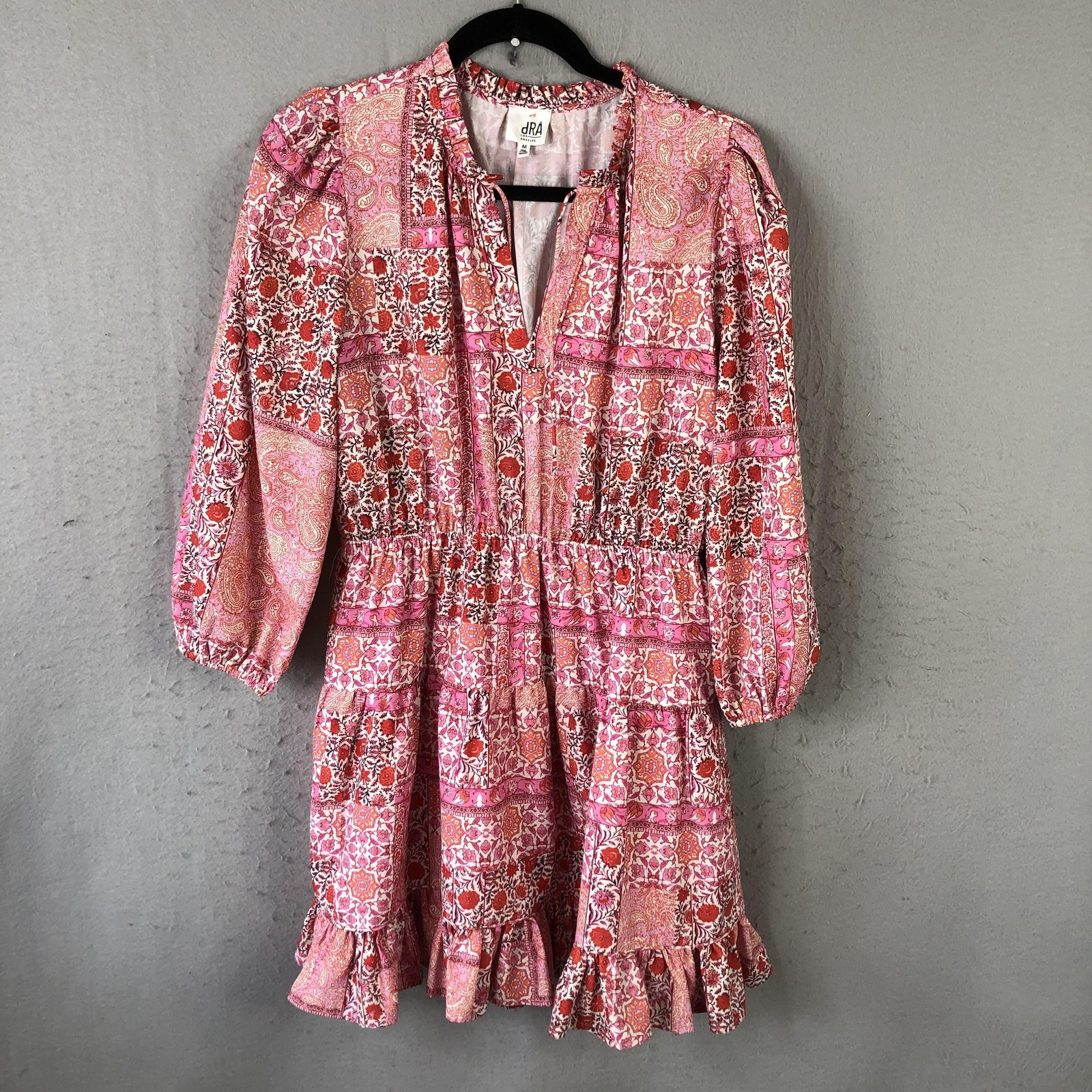 DRA Los Angeles Dress Womens Medium Pink Boho Ruffle Mini Long Sleeve Print