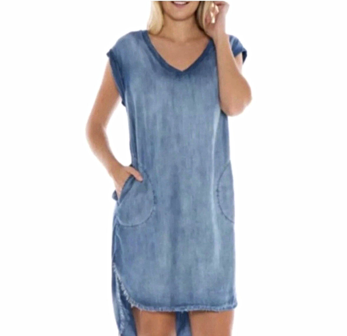 Cloth & Stone Blue Denim Chambray V-Neck Sleeveless Shift Dress High/Low Hem S