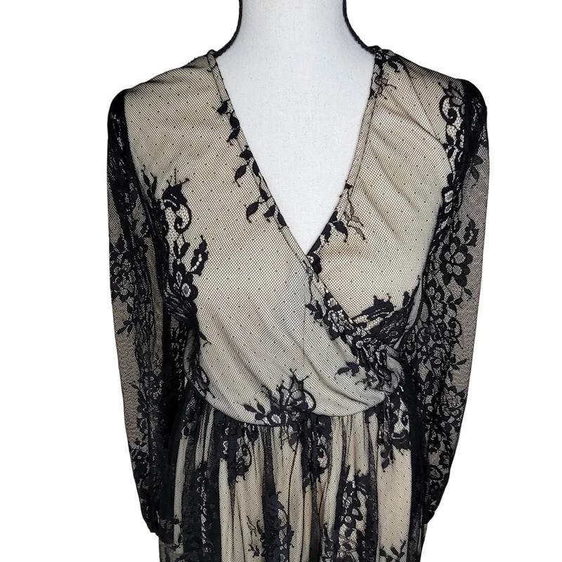 SHEIN Black Lace Overlay Beige Dress with Long Sleeves Size XL