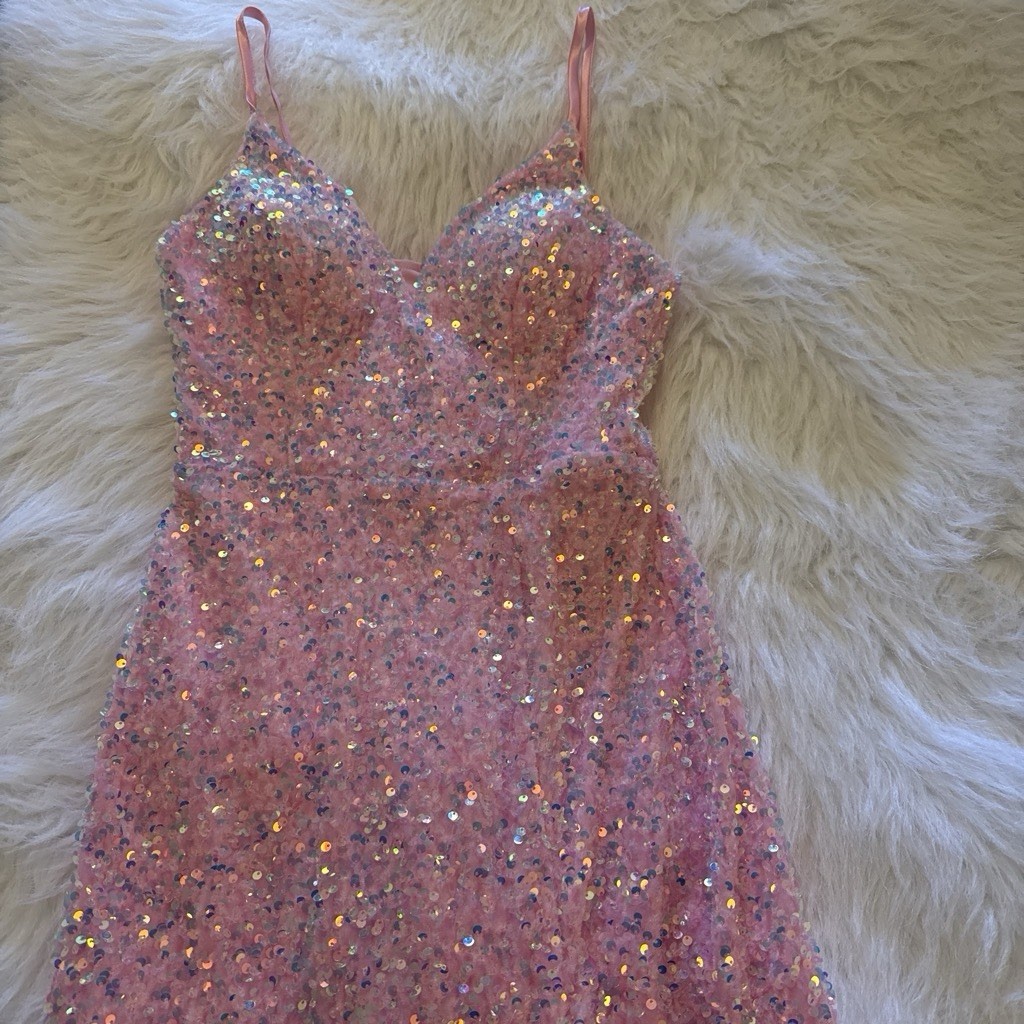 B. Smart Pink Sequin Long Gown V-Neck Spaghetti Straps Slit Juniors 7/8