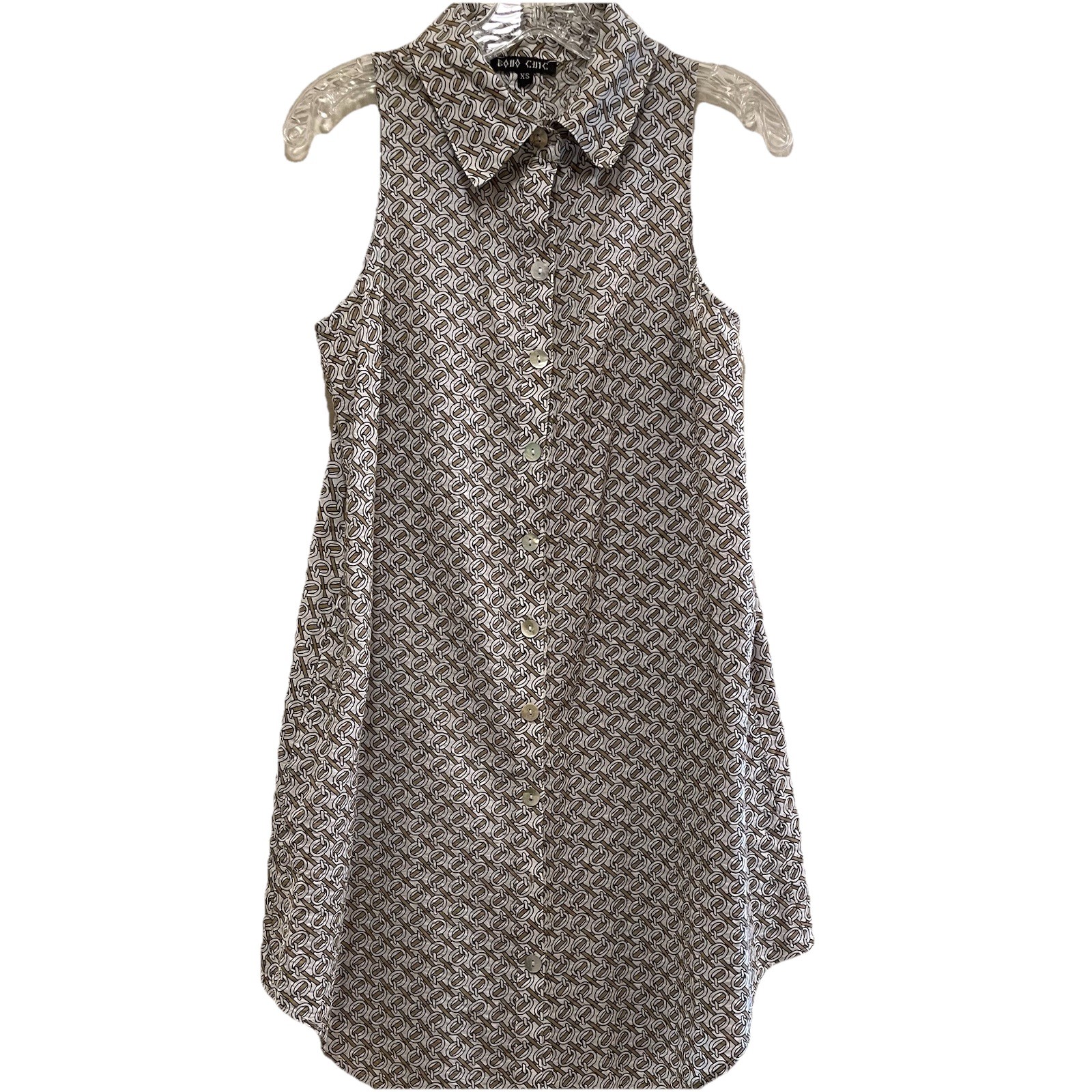 BOHO CHIC Cream/Tan Weaved Print Shirt Hem Collared Sleeveless Shirt Dress Sz XS