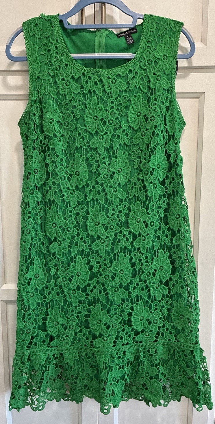 NWT Nina Leonard Green Lace Crochet Lined Women Sleeveless Dress Size L Summer